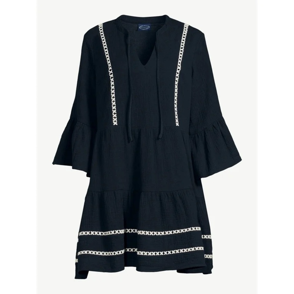 Scoop Women's Lace Trimmed Mini Dress with ¾ -Length Sleeves